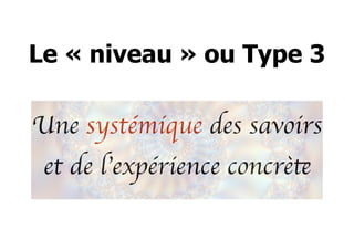 Une systémique des savoirs
et de l’expérience concrète
Le « niveau » ou Type 3
 