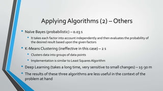 Applying Algorithms (2) – Others
• Naïve Bayes (probabilistic) – 0.03 s
• It takes each factor into account independently and then evaluates the probability of
the desired result based upon the given factors
• K-Means Clustering (ineffective in this case) – 2 s
• Clusters data into groups of data points
• Implementation is similar to Least Squares Algorithm
• Deep Learning (takes a long time, very sensitive to small changes) – 15-30 m
• The results of these three algorithms are less useful in the context of the
problem at hand
 
