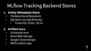 MLflow Tracking Backend Stores
1. Entity (Metadata) Store
• FileStore (local filesystem)
• SQLStore (via SQLAlchemy)
• Pos...