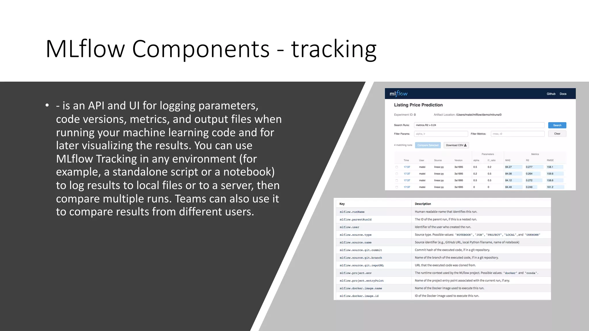 MLflow Components - tracking
• - is an API and UI for logging parameters,
code versions, metrics, and output files when
running your machine learning code and for
later visualizing the results. You can use
MLflow Tracking in any environment (for
example, a standalone script or a notebook)
to log results to local files or to a server, then
compare multiple runs. Teams can also use it
to compare results from different users.
 