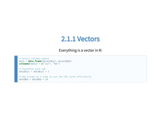 2.1.1 Vectors2.1.1 Vectors
Everything is a vector in R:
# Select columns subset
data = data.frame(mtcars$cyl, mtcars$hp)
colnames(data) = c("cyl", "hp")
# Transform each row
data$cyl = data$cyl + 2
# One column at a time to use the CPU cache efficiently
data$hp = data$hp + 20
 