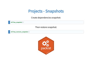 Projects - SnapshotsProjects - Snapshots
Create dependencies snapshot:
mlflow_snapshot()
Then restore snapshot:
mlflow_restore_snapshot()
 