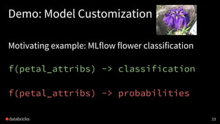 Demo: Model Customization
Motivating example: MLflow flower classification
f(petal_attribs) -> classification
f(petal_attr...