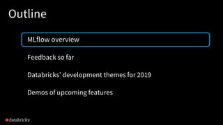 Outline
MLflow overview
Feedback so far
Databricks’ development themes for 2019
Demos of upcoming features
 