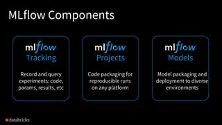 MLflow Components
9
Tracking
Record and query
experiments: code,
params, results, etc
Projects
Code packaging for
reproduc...