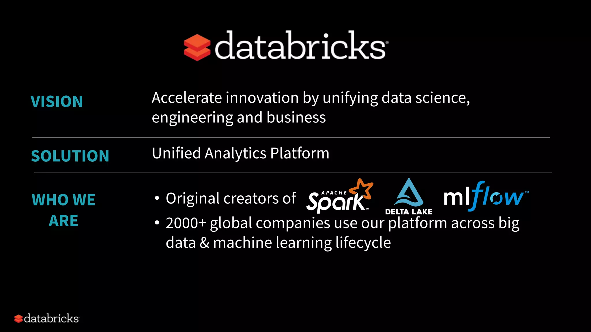 Accelerate innovation by unifying data science,
engineering and business
• Original creators of
• 2000+ global companies use our platform across big
data & machine learning lifecycle
VISION
WHO WE
ARE
Unified Analytics PlatformSOLUTION
 