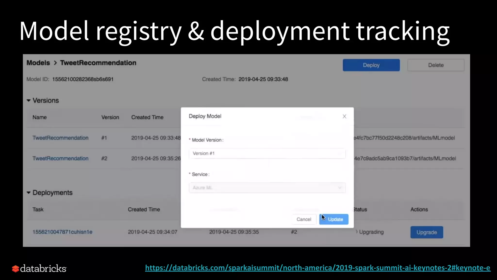 Model registry & deployment tracking
https://databricks.com/sparkaisummit/north-america/2019-spark-summit-ai-keynotes-2#keynote-e
 