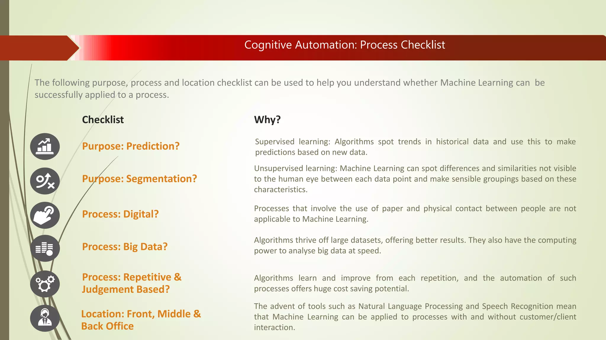 The following purpose, process and location checklist can be used to help you understand whether Machine Learning can be
successfully applied to a process.
Location: Front, Middle &
Back Office
Purpose: Prediction?
Purpose: Segmentation?
Process: Big Data?
Process: Digital?
Process: Repetitive &
Judgement Based?
Checklist Why?
Supervised learning: Algorithms spot trends in historical data and use this to make
predictions based on new data.
Unsupervised learning: Machine Learning can spot differences and similarities not visible
to the human eye between each data point and make sensible groupings based on these
characteristics.
Processes that involve the use of paper and physical contact between people are not
applicable to Machine Learning.
Algorithms thrive off large datasets, offering better results. They also have the computing
power to analyse big data at speed.
Algorithms learn and improve from each repetition, and the automation of such
processes offers huge cost saving potential.
The advent of tools such as Natural Language Processing and Speech Recognition mean
that Machine Learning can be applied to processes with and without customer/client
interaction.
Cognitive Automation: Process Checklist
 