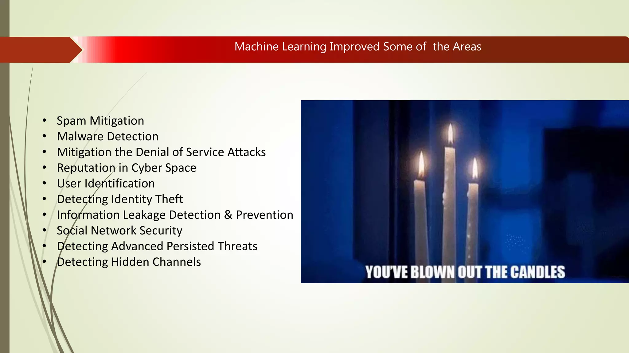 Machine Learning Improved Some of the Areas
• Spam Mitigation
• Malware Detection
• Mitigation the Denial of Service Attacks
• Reputation in Cyber Space
• User Identification
• Detecting Identity Theft
• Information Leakage Detection & Prevention
• Social Network Security
• Detecting Advanced Persisted Threats
• Detecting Hidden Channels
 