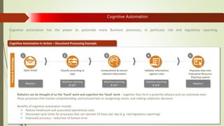 Cognitive automation has the power to automate many Business processes, in particular risk and regulatory reporting.
Cognitive Automation In Action – Document Processing Example
1 42 3 5
Open Email Classify according to
type
Comprehend & extract
relevant information
Validate information
against rules
Populate data into
Enterprise Resource
Planning system
Machine Learning
& NLP
Machine Learning
& NLP
Robotics
Machine Learning
& NLP
Robotics
Process&Technology
• Robotics can be thought of as the ‘hand’ work and cognitive the ‘head’ work – together they form a powerful alliance and can automate even
those processes that involve comprehending unstructured text or recognising voices, and making subjective decisions
• Benefits of cognitive automation include:
 Reduce headcount and associated operational costs
 Decreased cycle times for processes that can operate 24 hours per day (e.g. risk/regulatory reporting)
 Improved accuracy – reduction of human error
Cognitive Automation
 