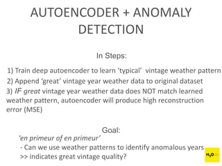 AUTOENCODER + ANOMALY
DETECTION
In Steps:
1) Train deep autoencoder to learn ‘typical’ vintage weather pattern
2) Append ‘great’ vintage year weather data to original dataset
3) IF great vintage year weather data does NOT match learned
weather pattern, autoencoder will produce high reconstruction
error (MSE)
‘en primeur of en primeur’
- Can we use weather patterns to identify anomalous years
>> indicates great vintage quality?
Goal:
 