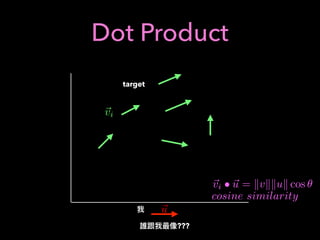 Dot Product
???
~u
~vi
~vi • ~u = kvkkuk cos ✓
cosine similarity
target
 