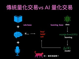 vs AI
+
+
If….
buy/
hold/
sell
data
arg min
✓
Loss(f(X))
learning
fˆ✓(X)
model
rule base leanring base
 