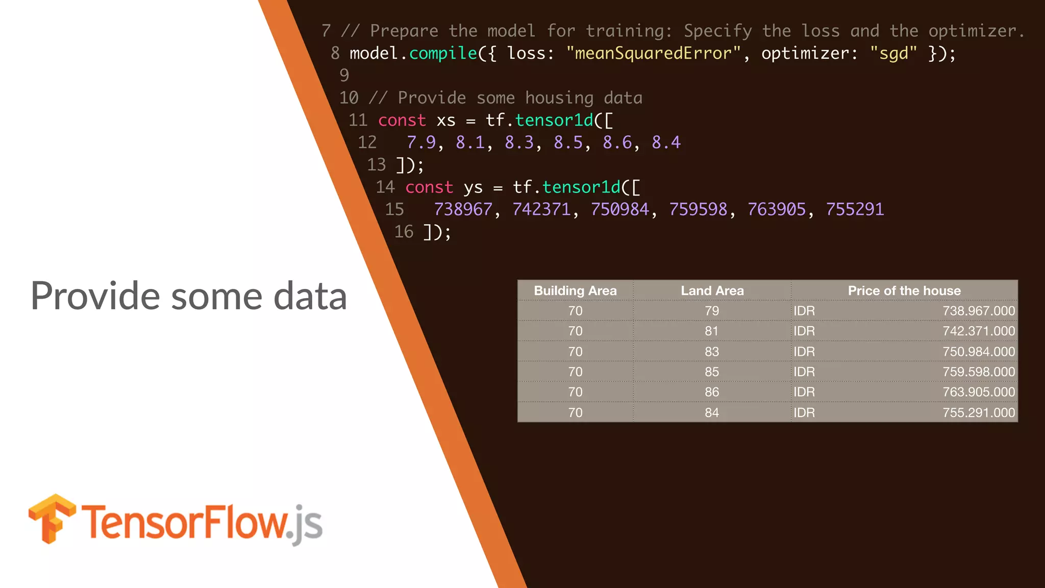 Provide some data
7 // Prepare the model for training: Specify the loss and the optimizer.
8 model.compile({ loss: "meanSquaredError", optimizer: "sgd" });
9
10 // Provide some housing data
11 const xs = tf.tensor1d([
12 7.9, 8.1, 8.3, 8.5, 8.6, 8.4
13 ]);
14 const ys = tf.tensor1d([
15 738967, 742371, 750984, 759598, 763905, 755291
16 ]);
Building Area Land Area Price of the house
70 79 IDR	 738.967.000
70 81 IDR	 742.371.000
70 83 IDR	 750.984.000
70 85 IDR	 759.598.000
70 86 IDR	 763.905.000
70 84 IDR	 755.291.000
 