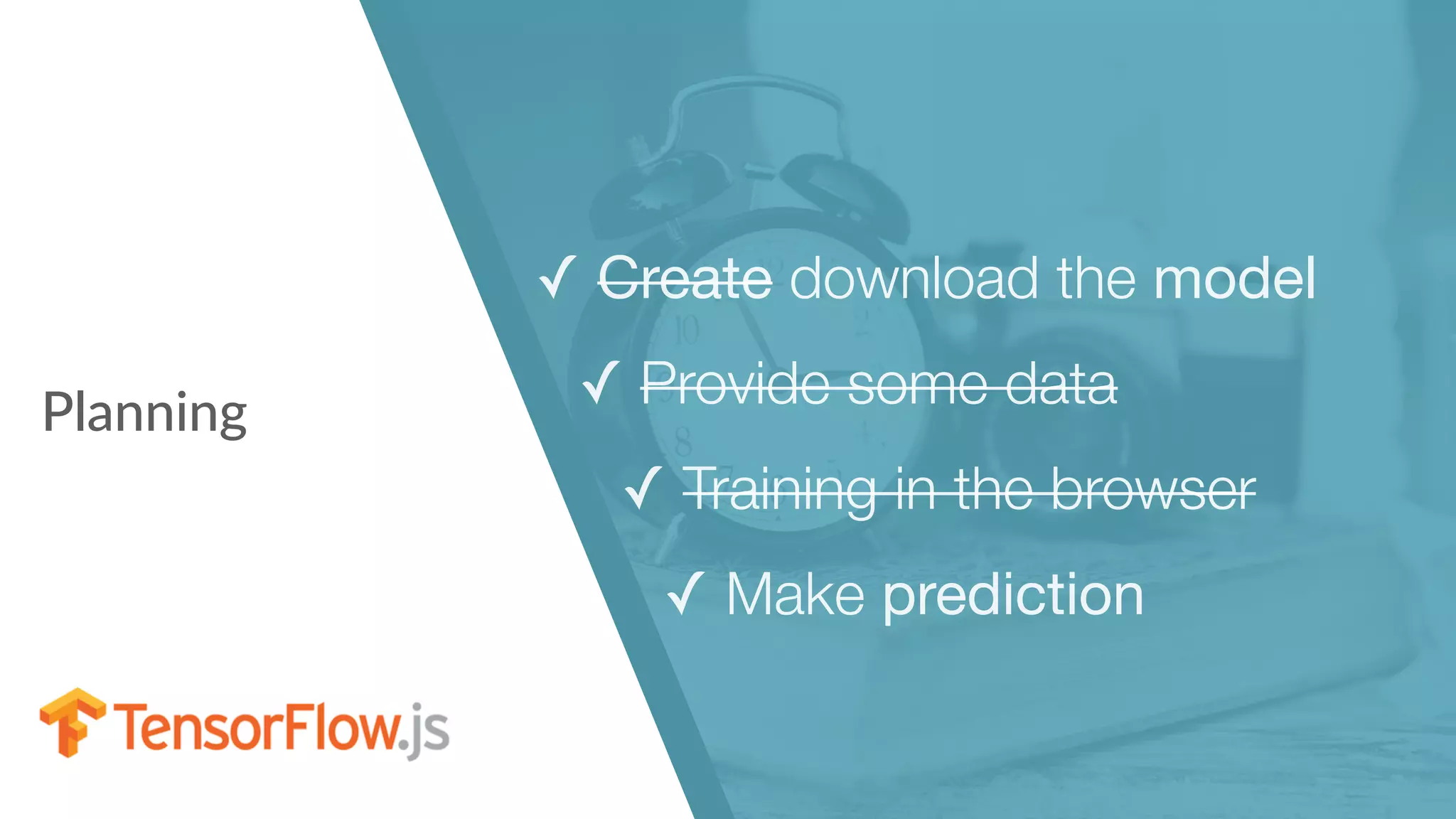 Planning
✓ Create download the model

✓ Provide some data

✓ Training in the browser
✓ Make prediction
 