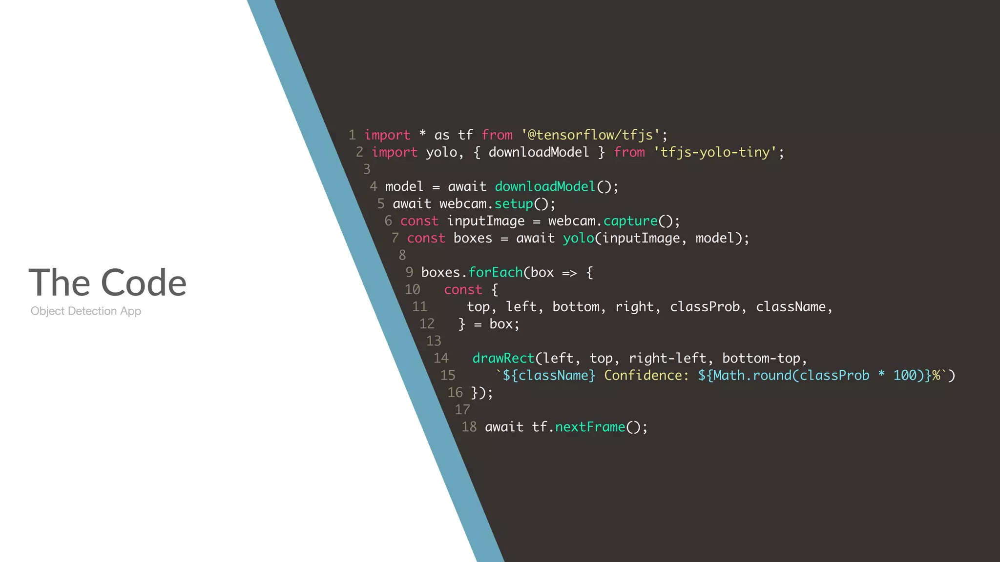 The Code
1 import * as tf from '@tensorflow/tfjs';
2 import yolo, { downloadModel } from 'tfjs-yolo-tiny';
3
4 model = await downloadModel();
5 await webcam.setup();
6 const inputImage = webcam.capture();
7 const boxes = await yolo(inputImage, model);
8
9 boxes.forEach(box => {
10 const {
11 top, left, bottom, right, classProb, className,
12 } = box;
13
14 drawRect(left, top, right-left, bottom-top,
15 `${className} Confidence: ${Math.round(classProb * 100)}%`)
16 });
17
18 await tf.nextFrame();
Object Detection App
 