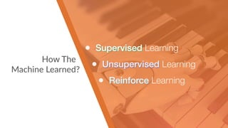 • Supervised
Learning
• Unsupervised
Learning
• Reinforce
Learning
How The 
Machine Learned?
• Supervised Learning
• Unsupervised Learning
• Reinforce Learning
 