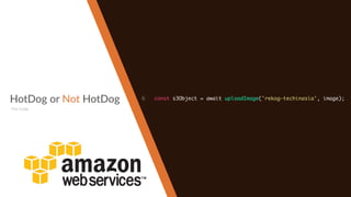 HotDog or Not HotDog
The Code
6 const s3Object = await uploadImage('rekog-techinasia', image);
 