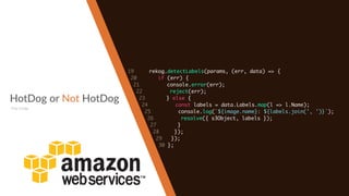HotDog or Not HotDog
The Code
19 rekog.detectLabels(params, (err, data) => {
20 if (err) {
21 console.error(err);
22 reject(err);
23 } else {
24 const labels = data.Labels.map(l => l.Name);
25 console.log(`${image.name}: ${labels.join(', ')}`);
26 resolve({ s3Object, labels });
27 }
28 });
29 });
30 };
 