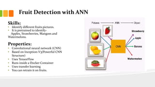 Skills:
• Identify different fruits pictures.
• It is pretrained to identify-
Apples, Strawberries, Mangoes and
Watermelons.
Properties:
• Convolutional neural network (CNN)
• Based on Inception-V3(Powerful CNN
Structure)
• Uses TensorFlow
• Runs inside a Docker Container
• Uses transfer learning
• You can retrain it on fruits.
Fruit Detection with ANN
 