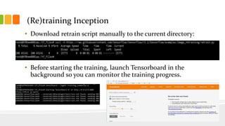 (Re)training Inception
• Download retrain script manually to the current directory:
• Before starting the training, launch Tensorboard in the
background so you can monitor the training progress.
 