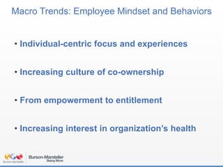 Macro Trends: Employee Mindset and Behaviors
• Individual-centric focus and experiences
• Increasing culture of co-ownership
• From empowerment to entitlement
• Increasing interest in organization’s health
 