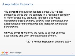 A reputation Economy
6
“80 percent of reputation leaders across 300+ global
companies agree that we compete in a reputation economy
in which people buy products, take jobs, and make
investments based primarily on their trust, admiration and
appreciation for the companies and institutions that stand
behind them.
Only 20 percent feel they are ready to deliver on these
expectations and even take advantage of them.”
- 2013 Forbes Reputation Leaders study
 