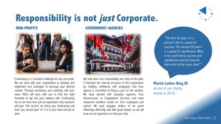 Responsibility is not just Corporate.
NON-PROFITS GOVERNMENT AGENCIES
Martin Luther King III,
at one of our charity
events in 2014.
“The first 50 years of a
person's life is a quest for
success. The second 50 years
is a quest for significance. What
if we could marry success and
significance and live towards
them both at the same time?”
Fundraising is a constant challenge for any non-profit.
We can work with your organization to develop and
implement new strategies to leverage your desired
market. Through workshops and meetings with your
team, Mitch will work with you to find the right
incentive to tap into your network with. Fundraising
has to be more than just an expectation that someone
will give. This service can bring your fundraising ask
from 'you should give' to 'it is in your best interest to
give'.
Not only does civic responsibility win votes at the polls,
it improves the internal structure of the organization
by instilling confidence with employees that their
agency is committed to being a part of the solution.
We have worked with Canadian agencies from
Infrastructure to Employment Services, and have
measured excellent results for their employees and
culture. We want taxpayer dollars to be spent
effectively, efficiently, and with great impact, so we will
draw on our experience to show you how.
Services Overview | 6
 