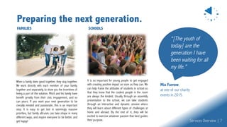 Preparing the next generation.
When a family does good together, they stay together.
We work directly with each member of your family,
together and separately, to show you the incentives of
being a part of the solution. Mitch and his family have
benefit greatly from their civic engagement, and so
can yours. If you want your next generation to be
civically minded and passionate, this is an important
step. It is easy to get lost in seemingly massive
priorities, but family altruism can take shape in many
different ways, and inspire everyone to be better, and
get happy!
It is so important for young people to get engaged
with creating positive impact as soon as they can. We
can help frame the attitudes of students in school so
that they know that the coolest people in the room
are always the kindest. Usually through an assembly
presentation to the school, we can take students
through an interactive and dynamic session where
they will learn about different types of challenges at
home and abroad. By the end of it, they will be
excited to exercise whatever passion that best guides
their purpose.
FAMILIES SCHOOLS
“[The youth of
today] are the
generation I have
been waiting for all
my life.”
Mia Farrow,
at one of our charity
events in 2015.
Services Overview | 7
 