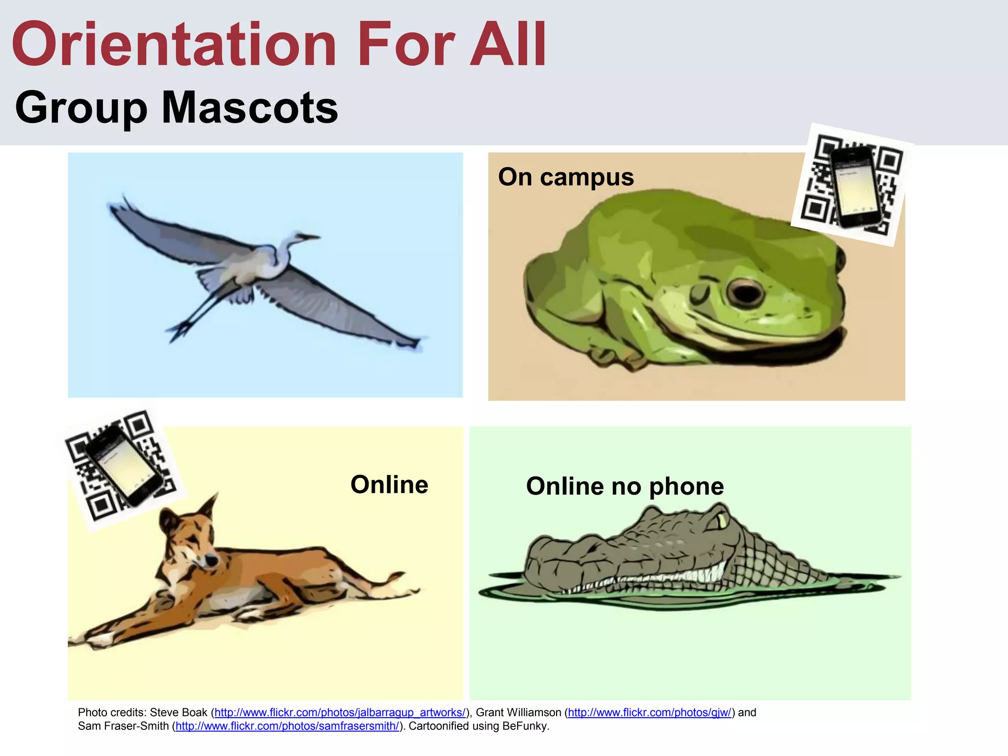 Orientation For AllGroup MascotsOn campusOn campus no phoneOnlineOnline no phonePhoto credits: Steve Boak (http://www.flickr.com/photos/jalbarragup_artworks/), Grant Williamson (http://www.flickr.com/photos/gjw/) and Sam Fraser-Smith (http://www.flickr.com/photos/samfrasersmith/). Cartoonified using BeFunky.