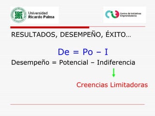 RESULTADOS, DESEMPEÑO, ÉXITO…De = Po – IDesempeño = Potencial – IndiferenciaCreencias Limitadoras