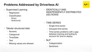 Confidential7
Problems Addressed by Driverless AI
• Supervised Learning
– Regression
– Classification
– Binary
– Multinomial
• Tabular structured data
– Numeric
– Categorical
– Time/Date
– Text
– Missing values are allowed
• IDENTICALLY AND
INDEPENDENTLY DISTRIBUTED
(IID) ROWS
• TIME-SERIES
– Single time-series
– Grouped time-series
– Time-series problems with a gap
between training and testing to
account for time to deploy
• NLP
– Categorization
– Sentiment
 