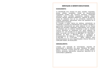 SERVIÇOS A SEREM EXECUTADOS 
DIARIAMENTE: 
a) Desinfecção e/ou limpeza de pisos, paredes, maçanetas, 
portas, janelas, parapeitos, mesas de equipamentos 
hospitalares, lavabos, pias, torneiras, banheiros, instalações 
sanitárias, cama, colchões, travesseiros, cadeiras, mesas, 
armários, balcões, aparelhos telefônicos, coletores de detritos, 
mesas de cabeceira, foco de luz, luminárias, extintores de 
incêndio, esquadrias, basculantes, filtros dos aparelhos de ar 
condicionado e persianas. 
b) Proceder à coleta interna de resíduos, submetendo os 
recipientes a processo de desinfecção e/ou limpeza, secagem e 
guarnecidos internamente por sacos plásticos na cor branca 
leitosa e/ou vermelha, resistentes, impermeáveis, com inscrição 
e simbologia para os resíduos infectantes e para os resíduos 
comuns guarnecer os recipientes com sacos plásticos de 
qualquer cor, com exceção da cor branca leitosa, vermelha ou 
preta, de acordo com normas da NBR/ABNT nº 7.500/2000 – 
Símbolos de Risco e Manuseio para o Transporte e 
Armazenamento de Material – Simbologia e NBR/ABNT nº 
9.190/1985 e nº 9.191/1993 – Sacos Plásticos para 
Acondicionamento de Lixo e Especificações e Norma Técnica da 
COMLURB 426001, de 05/05/2003. 
SEMANALMENTE: 
Limpeza com aplicação de removedores, seguidas de 
enceramento e polimento nos pisos. Polimento de metais, 
placas e torneiras. Limpeza geral dos vidros, janelas, peitoris, 
lambris, persianas, basculantes, esquadrias, aparelhos de ar 
condicionado e geladeiras. 
 