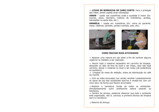 ⇒ LUVAS DE BORRACHA DE CANO CURTO: Para a proteção 
das mãos, sendo usadas duas colorações: 
VERDE - usada nas superfícies onde a sujidade é maior (Ex: 
lixeiras, pisos, banheiro, rodízios de mobiliários, janelas, 
tubulações na parte alta, etc.). 
AMARELA – usada em mobiliários (Ex: cama do paciente, 
mesa, cadeiras, paredes, portas e portais, pias, etc). 
COMO INICIAR SUAS ATIVIDADES 
⇒ Realizar uma vistoria em seu setor a fim de verificar alguma 
urgência no trabalho a ser realizado. 
⇒ Reunir todo o material necessário em carrinho de limpeza, 
deixando no lado de fora do local a ser limpo, caso não haja 
carrinho, deixar o material no local a ser limpo (de preferência 
no banheiro). 
⇒ Limpeza da mesa de refeição, antes da distribuição do café 
da manhã. 
⇒ Com as mãos enluvadas (cor verde) recolher cuidadosamente 
os sacos de lixo dos recipientes lavá-los e revesti-los com um 
novo saco, de forma que fiquem arrumados. 
⇒ Realizar a varredura úmida de todos os ambientes. 
Simultaneamente outro profissional estará lavando os 
banheiros. 
⇒ Horário do almoço, podemos observar que todo o ambiente 
está organizado, isto é, concluiu a primeira técnica de limpeza 
que é a varredura. 
⇒ Retorno do almoço 
 
