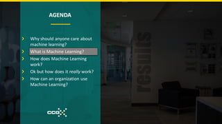 AGENDA
Why should anyone care about
machine learning?
What is Machine Learning?
How does Machine Learning
work?
Ok but how does it really work?
How can an organization use
Machine Learning?
 