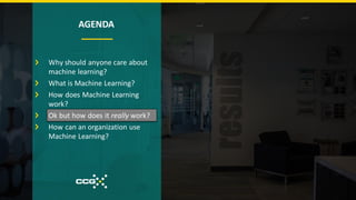 AGENDA
Why should anyone care about
machine learning?
What is Machine Learning?
How does Machine Learning
work?
Ok but how does it really work?
How can an organization use
Machine Learning?
 