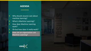 AGENDA
Why should anyone care about
machine learning?
What is Machine Learning?
How does Machine Learning
work?
Ok but how does it really work?
How can an organization use
Machine Learning?
 