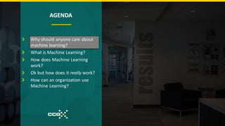 AGENDA
Why should anyone care about
machine learning?
What is Machine Learning?
How does Machine Learning
work?
Ok but how does it really work?
How can an organization use
Machine Learning?
 