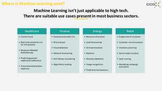 Machine Learning isn’t just applicable to high tech.
There are suitable use cases presentin most business sectors.
Where is Machine Learning used?
Healthcare
• Claims Fraud
• Real-time mortality risk
for ICU patients
• Response Adapted
Radiotherapy
• Predictingpatient
medication adherence
• Translational/precision
medicine
Finance
• Foreclosure/creditrisk
• Risk analysis
• Fraud detection
• Demand forecasting
• Anti Money Laundering
• Algorithmic trading
Energy
• Resource allocation
• Load forecasting
• Grid optimization
• Robotics
• Anomaly detection
• Image recognition
• Predictivemaintenance
Retail
• Singleview of customer
• Customer serviceanalysis
• Inventory planning
• Social media analysis
• Lead scoring
• Marketing campaign
evaluation
 