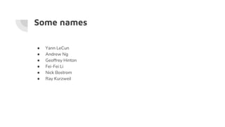 Some names
● Yann LeCun
● Andrew Ng
● Geoffrey Hinton
● Fei-Fei Li
● Nick Bostrom
● Ray Kurzweil
 