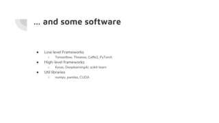 … and some software
● Low level Frameworks
○ Tensorflow, Theanos, Caffe2, PyTorch
● High-level frameworks
○ Keras, Deeplearning4J, scikit-learn
● Util libraries
○ numpy, pandas, CUDA
 