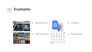 Examples
● Self-driving cars
● Auto color images
● Translation
● Text generation
 