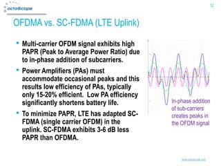 12



OFDMA vs. SC-FDMA (LTE Uplink)

• Multi-carrier OFDM signal exhibits high
    PAPR (Peak to Average Power Ratio) due
    to in-phase addition of subcarriers.
•   Power Amplifiers (PAs) must
    accommodate occasional peaks and this
    results low efficiency of PAs, typically
    only 15-20% efficient. Low PA efficiency
    significantly shortens battery life.       In-phase addition
                                               of sub-carriers
•   To minimize PAPR, LTE has adapted SC-      creates peaks in
    FDMA (single carrier OFDM) in the          the OFDM signal
    uplink. SC-FDMA exhibits 3-6 dB less
    PAPR than OFDMA.

                                                   www.octoscope.com
 