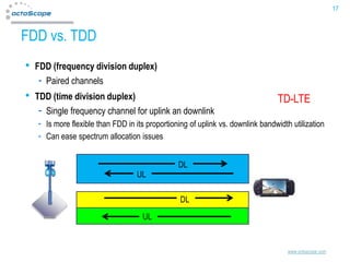 17



FDD vs. TDD
•   FDD (frequency division duplex)
      Paired channels
•   TDD (time division duplex)                                                    TD-LTE
      Single frequency channel for uplink an downlink
       Is more flexible than FDD in its proportioning of uplink vs. downlink bandwidth utilization
       Can ease spectrum allocation issues


                                                  DL
                                    UL

                                                  DL
                                      UL


                                                                                      www.octoscope.com
 