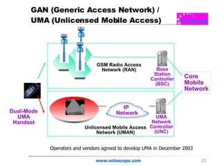 GAN (Generic Access Network) / UMA (Unlicensed Mobile Access) www.octoscope.com Dual-Mode UMA Handset Base Station Controller (BSC) IP  Network UMA Network Controller (UNC) GSM Radio Access Network (RAN) Unlicensed Mobile Access Network (UMAN) Core Mobile Network Operators and vendors agreed to develop UMA in December 2003 