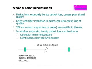 Voice Requirements Packet loss, especially bursty packet loss, causes poor signal quality Delay and jitter (variation in delay) can also cause loss of quality 200 ms events (signal loss or delay) are audible to the ear In wireless networks, bursty packet loss can be due to  Congestion in the infrastructure Client roaming from one AP to another ~100 microsecond packets, depending on CODEC ~20-30 millisecond gaps 