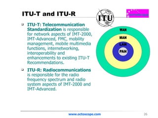 ITU-T and ITU-R ITU-T: Telecommunication Standardization  is responsible for network aspects of IMT-2000, IMT-Advanced, FMC, mobility management, mobile multimedia functions, internetworking, interoperability and enhancements to existing ITU-T Recommendations. ITU-R: Radiocommunications  is responsible for the radio frequency spectrum and radio system aspects of IMT-2000 and IMT-Advanced.  www.octoscope.com 