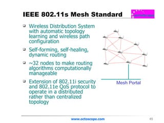 IEEE 802.11s Mesh Standard Wireless Distribution System with automatic topology learning and wireless path configuration Self-forming, self-healing, dynamic routing ~32 nodes to make routing algorithms computationally manageable Extension of 802.11i security and 802.11e QoS protocol to operate in a distributed rather than centralized topology www.octoscope.com Mesh Portal 