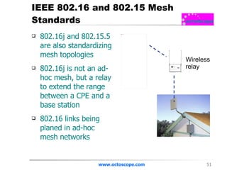 IEEE 802.16 and 802.15 Mesh Standards 802.16j and 802.15.5 are also standardizing mesh topologies 802.16j is not an ad-hoc mesh, but a relay to extend the range between a CPE and a base station 802.16 links being planed in ad-hoc mesh networks www.octoscope.com Wireless  relay 