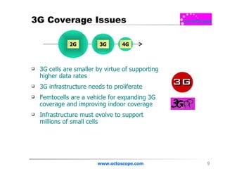 3G Coverage Issues 3G cells are smaller by virtue of supporting higher data rates 3G infrastructure needs to proliferate Femtocells are a vehicle for expanding 3G coverage and improving indoor coverage Infrastructure must evolve to support millions of small cells www.octoscope.com 2G 3G 4G 